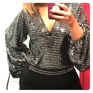 Silver ZARA Sequin bell sleeve bodysuit